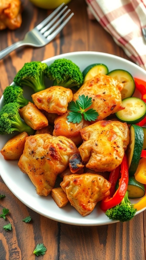 Healthy Air Fryer Chicken and Vegetables Healthy air fryer chicken and vegetables on a plate, garnished with parsley.